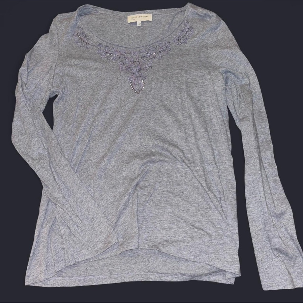 Jones New York Fitted Gray Long Sleeve Blouse